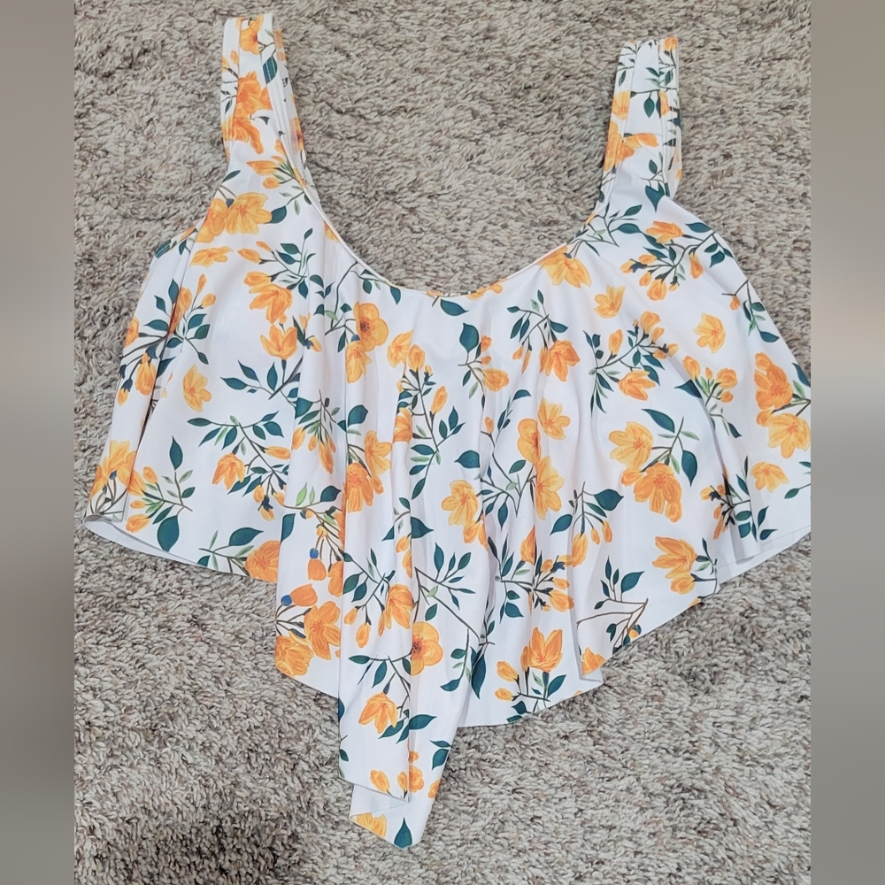 Orange and white floral flounce swim top Medium